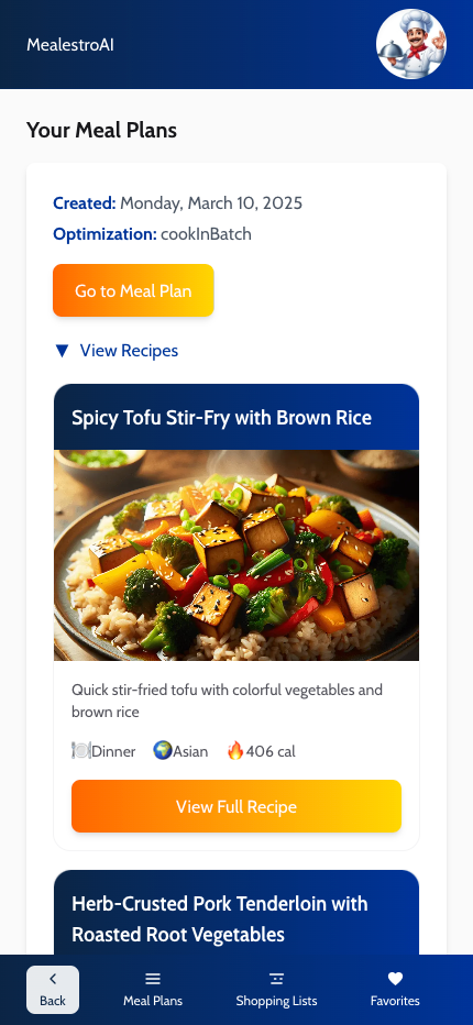 Meal Plan History Screenshot